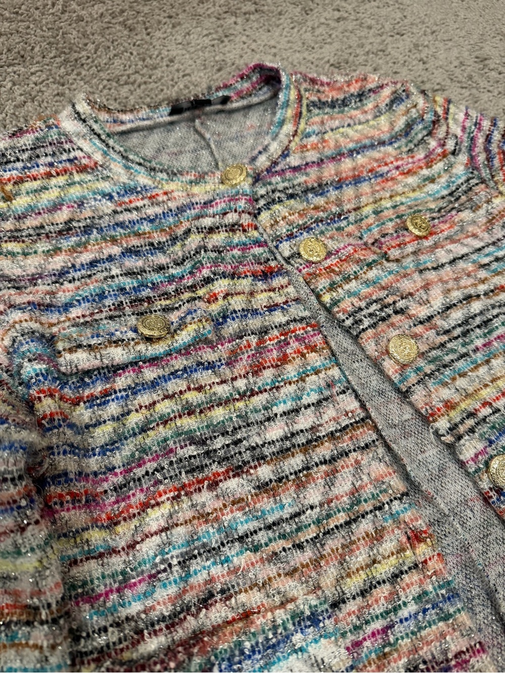 Multicolor Tweed Jacket & Mini Skirt Matching Set - Button Front - Picture 3 of 4